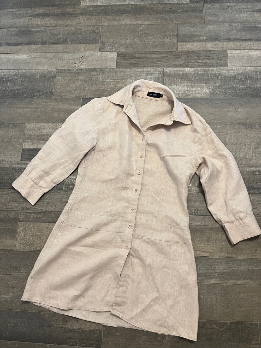 LILIBLEU Classic Beige Linen Button-Up Shirt Dress